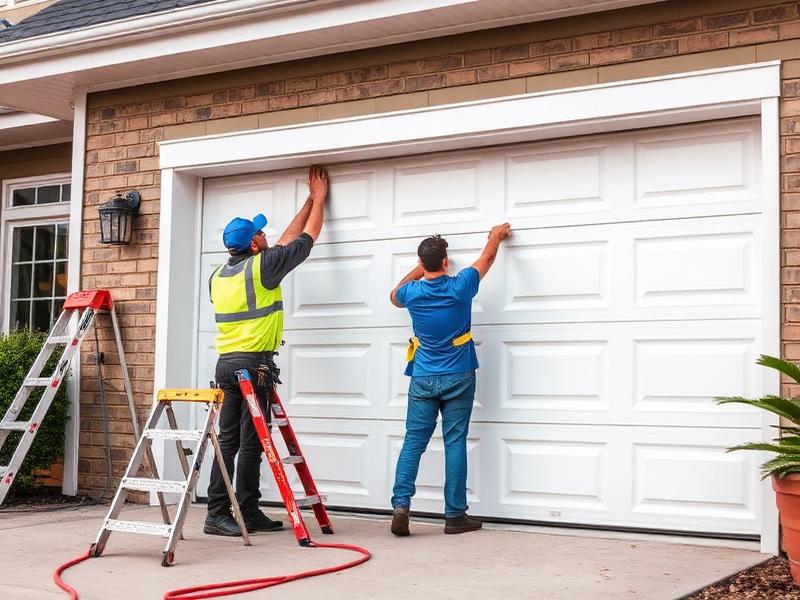 New garage door installation in progress showing professional mounting of insulated steel door