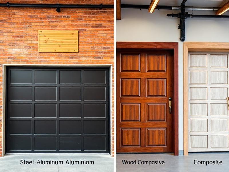 Comparison of different garage door materials including steel, wood, and aluminum samples