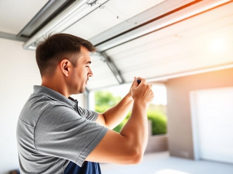 Technician performing summer maintenance on residential garage door with lubrication spray